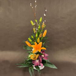 Bouquet Plaisir d'offrir - Lys orange, Orchidée, Coton - Promofleur Persan
