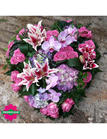 Cœur ton rose et violet (Orchidée, Lys, Hortensias et Roses) - Promofleur Champagne-sur-Oise