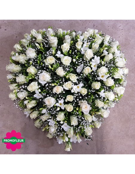 Cœur ton blanc  (Roses blanches et gypsophiles) - Promofleur Champagne-sur-Oise