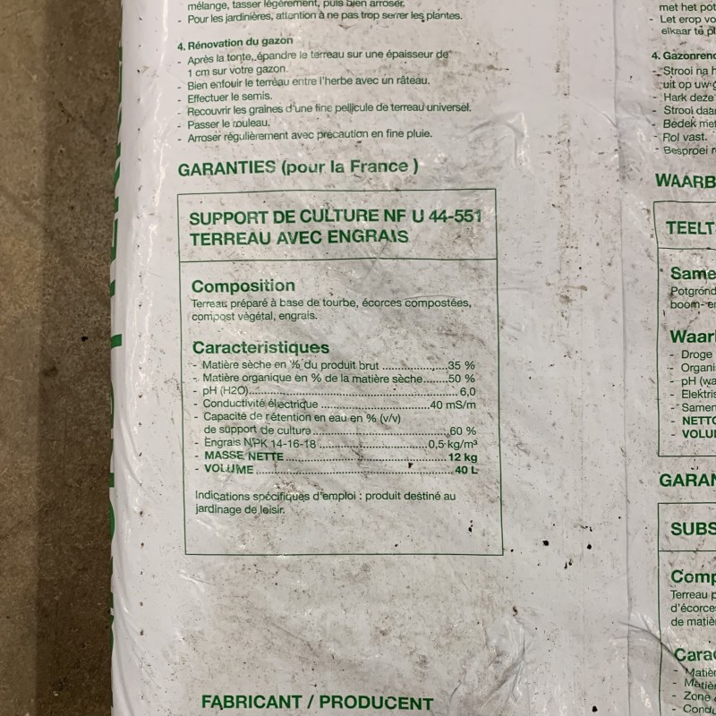 Sac de terreau 40 L - Budget Garden - Composition