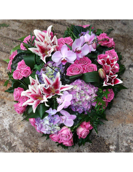 Cœur ton rose et violet (Orchidée, Lys, Hortensias et Roses) - Promofleur Champagne-sur-Oise
